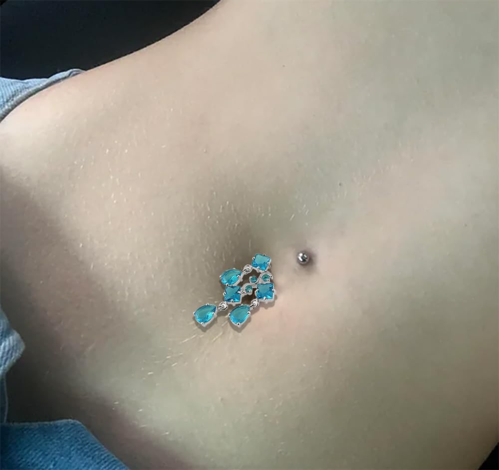 Chandelier Square and Teardrop Dangling Design 925 Sterling Silver with Stainless Steel Belly Ring - Belly Button jewelry - Navel jewelry
