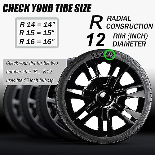 Image of Black Hubcap Wheel Cover Replacement Kit 12 inch Hub Caps Wheel Rim Cover Car Exterior Accessories Pack of 4, 12 Inches