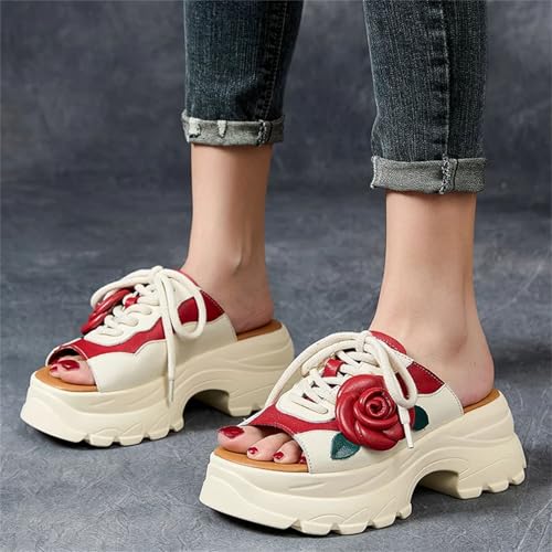 Women's Ethnic Cow Genuine Leather Flats - 6cm Mary Jane Peep Toe Platform Summer3