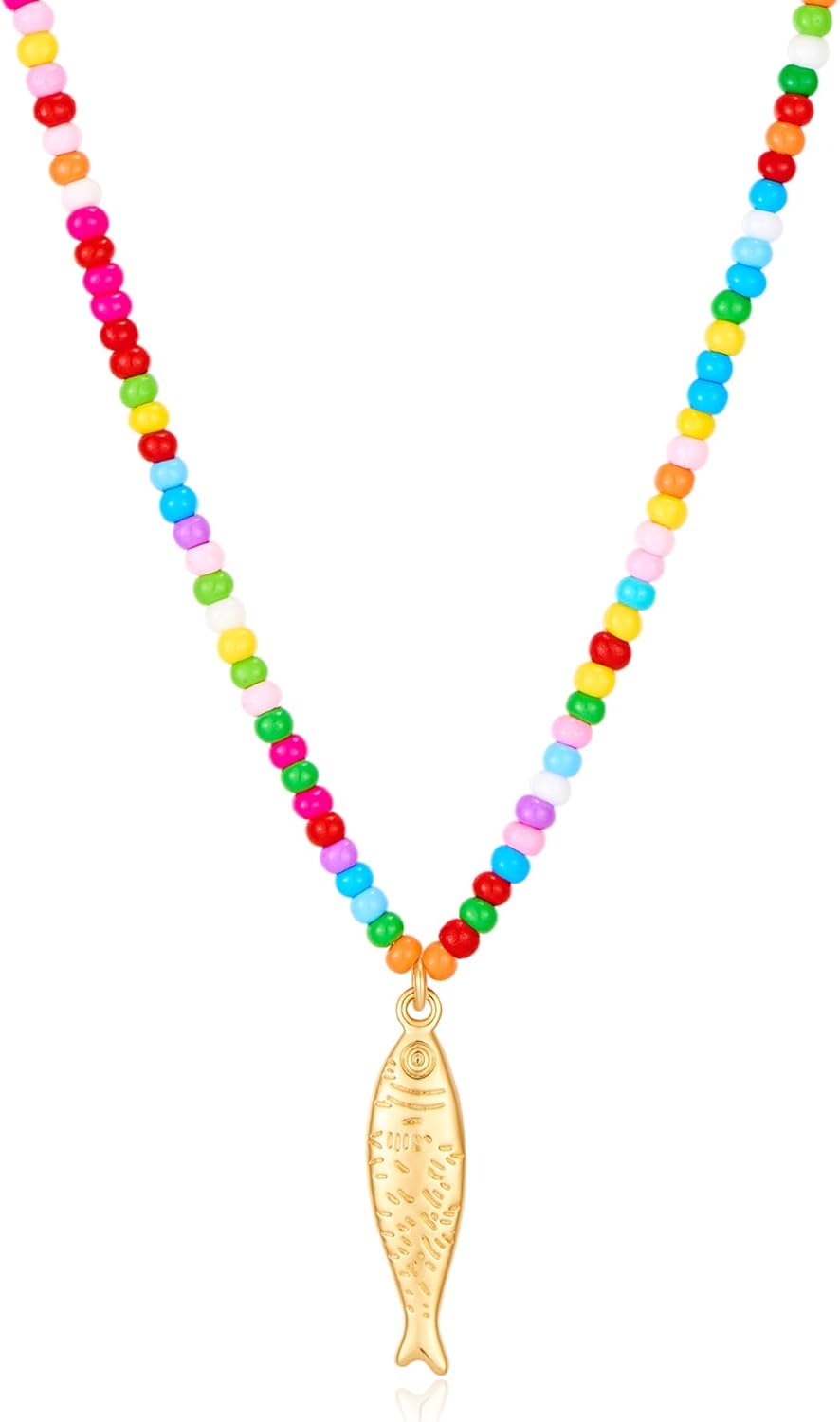 Beach Colorful Beaded Necklace for Women - Ocean Fish Pendant Necklaces, Boho Beach Jewelry | Ocean Jewelry Gift for Women