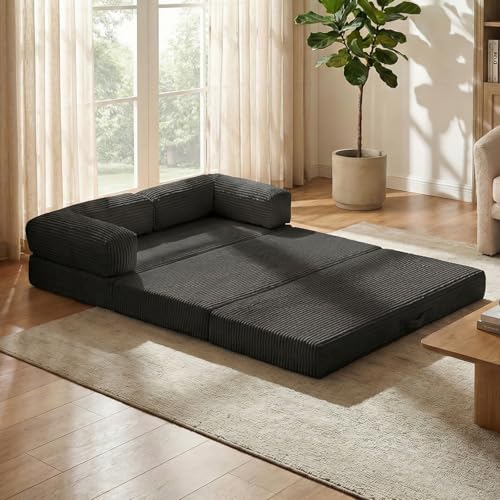 Image of Convertible Sofa Bed, Tri-Fold Foldable Mattress with Removable Arms & Washable Cover, Portable Mattress Futon Sofa Bed, No Assembly Required & Non-Slip, Queen Size, Black
