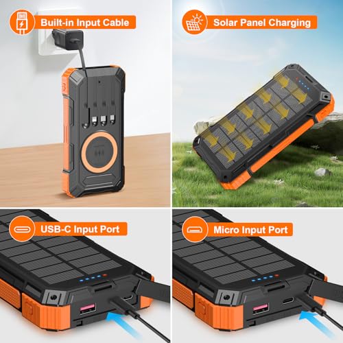 Saraupup Solar Charger Power Bank 49800Mah Wireless Portable Phone Charger, 𝗣𝗗𝟭𝟴𝗪 𝐐𝐂𝟑.𝟎 Fast Charging Built In 4 Cables With Usb C 6 Outputs & 2 Inputs For Cell Phone Orange thumb #3