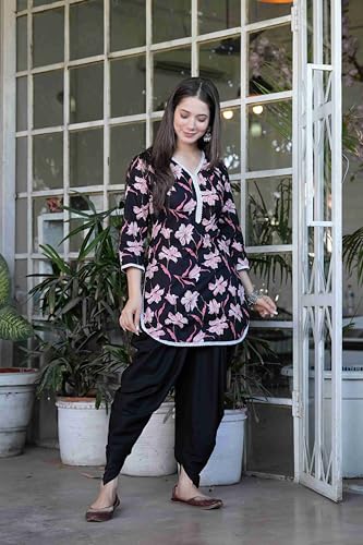 Image of Floral Print Cotton Kurta and Dhoti Set for Women Designer
