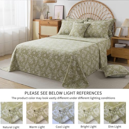 Image of FADFAY Sage Green Sheets Set Queen 100% Cotton Washed Double Gauze Muslin Bedding 4Pcs Vintage Rose Floral Sheets Shabby Cottagecore Bedding Soft & Breathable Deep Pocket Fitted Sheet, Queen Size