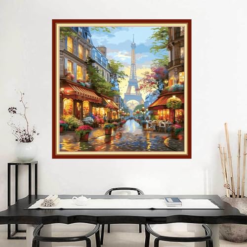 Image of Joyhoor Stamped Cross Stitch Kits for Beginners Needlepoint Kits for Adults Embroidery Kits 11CT Counted Cross Stitch Kits Printed Embroidery Pattern-Eiffel Tower Flower Market 18x18 inchs