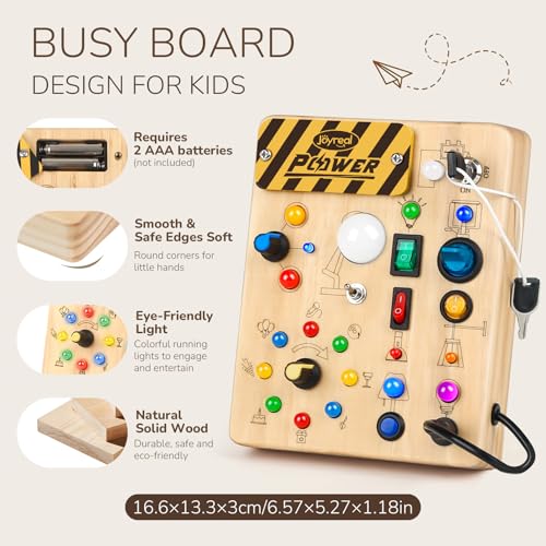 Image of Joyreal Busy Board for Toddlers - Montessori Toys for 1 2 3 Year Old | Wooden Sensory Activity Board with 10 Switches & 19 Lights, Ideal Educational Travel Toy Gift for Boy & Girl Birthday