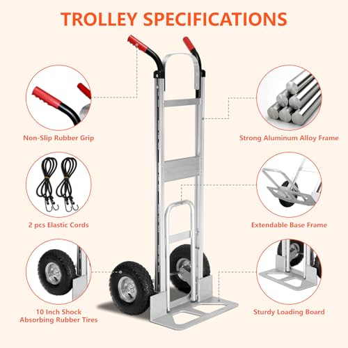 Aluminum Hand Truck 600 LBS Capacity, Handle Heavy Duty Industrial Dolly with 10" Pneumatic Tire and 2 Elastic Cords, Platform Cart for Transport and Moving in Home, Office, Warehouse, Supermarket - Thumbnail 4