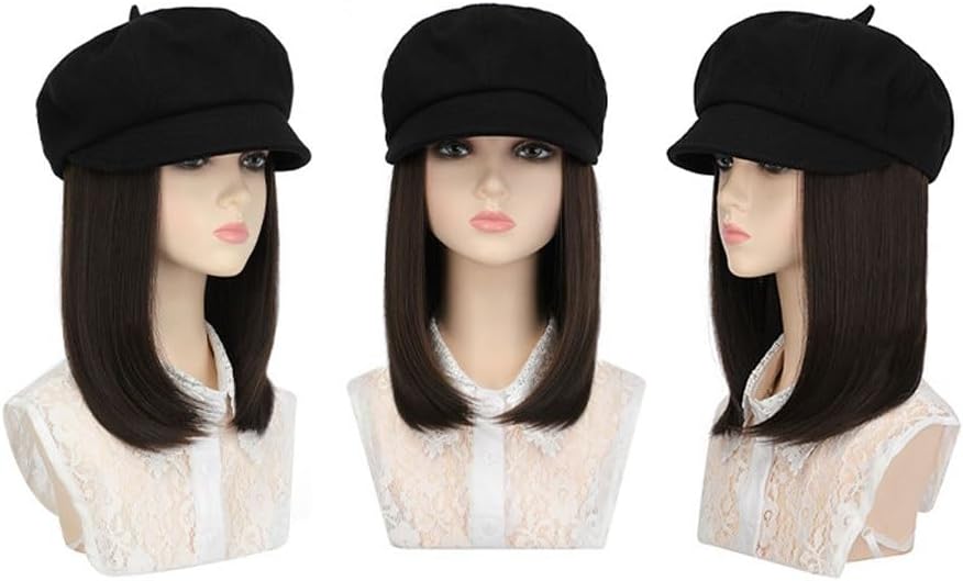 Hat Wig Wig Hat Removable Hat Wig Adjustable Removable Wig Hat Women's One-Piece Fashionable Short Straight Hair Octagonal Hat Wig Caps for Women (Color : C)