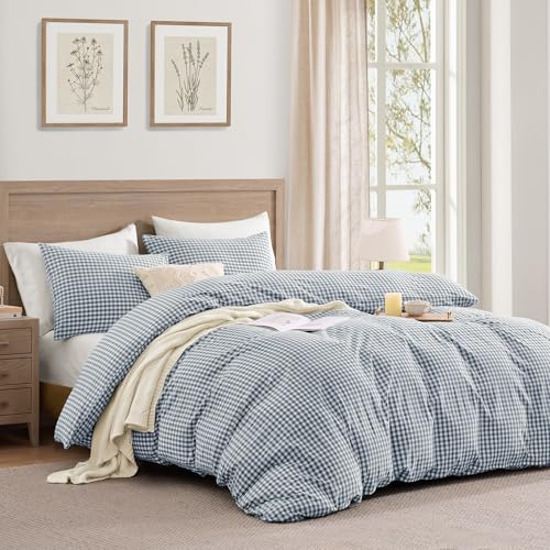Image of Andency Blue Gingham Duvet Cover Full, 100% Wash Cotton Linen Like Textured Breathable Comforter Cover Set, 3 Piece Classic Yarn-Dyed Checkered Plaid Bedding Set, 79 inch*90 inch