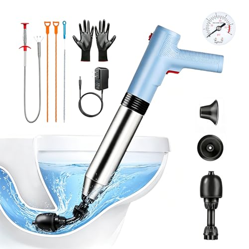 Image of Electric Toilet Plunger, Blue One-Touch High Pressure Air Drain Blaster with Real-Time Barometer & Multi-Accessory Kit, Heavy Duty Automatic Drain Unclogger for Toilets, Sinks, Tubs, Pipes