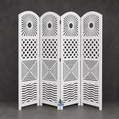 Image of Wooden Room Divider Partition for Living Room | Foldable 4 Panel Decorative Privacy Screen Separator for Home, Office & Bedroom | Modern (Snow White)