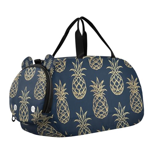 Travel Duffle Bag for Kids Boys Girls Gold Pineapple Blue Sports Bag Overnighter Duffle Sleepover Weekender with Shoes Compartment