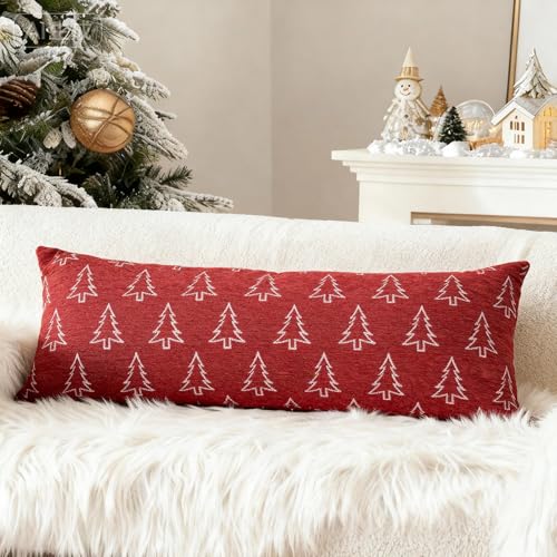 Image of Reversible Christmas Pillow Covers 14x36, Chenille Double-Sided Snowflake & Tree, Cozy Farmhouse Holiday Throw Pillowcases with Hidden Zipper for Sofa, Couch and Bed(Red,36x14)