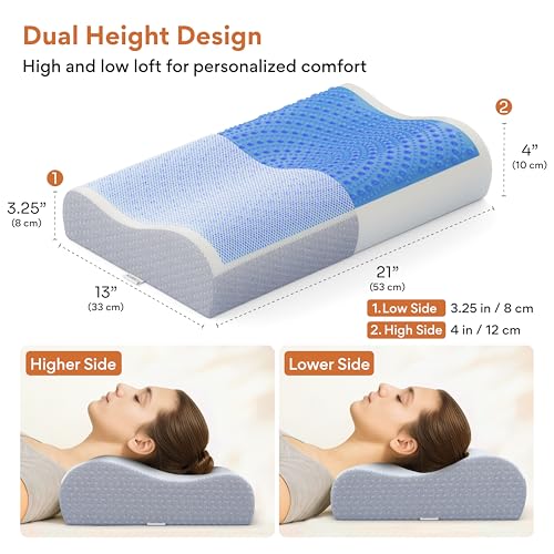 Image of FOVERA Cool Gel & Memory Foam Cervical Pillow for Neck Pain | Orthopedic Neck Support Pillow for Sleeping, Neck & Shoulder Pain (Universal - 21 x 13 x 4 Inch, Grey, Pack of 1)