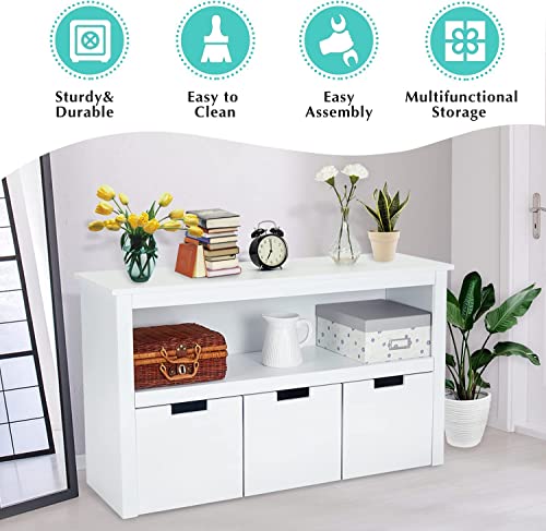 Kinsuite 3 Drawers Kids Toy Storage Cabinet - Kids Bookcase With 12 Hidden Wheels, Multifunctional Floor Storage Chest With Large Storage Shelf, Cabinets & Shelves For Playroom Storage, White #TOP5