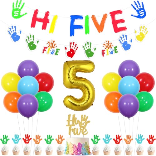 Funmemoir Decoraciones de fiesta de cumpleaños Hi Five, decoraciones de 5º cumpleaños para niños y niñas, guirnalda de pancarta de cumpleaños Hi Five para decoración de cupcakes número 5 para