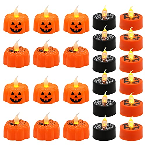 LUSHARBOR Halloween Dekorationen LED Teelichter Batteriebetriebene, 3D Halloween Flammenlose Teelichtkerzen, 24 Stück Kürbislaternen Cover