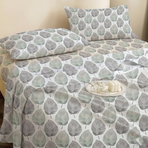 Image of IVAZA 240 TC Soft Ezyption Cotton Floral Print King Size Bedsheet - with 2 Pillow Covers, Hypoallergenic, Brethable, (Size- 90 x 90 Inch) Grey Leaf