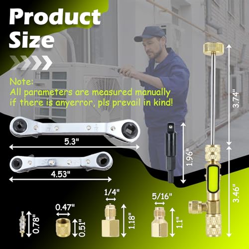 Image of Valve Core Remover Installer Tool and Service Wrench Set with Dual Size SAE 1 /4 & 5 /16 Port Brass Adapter Compatible with R22 R12 R407 R410 R404 R32 R600 home refrigeration equipment