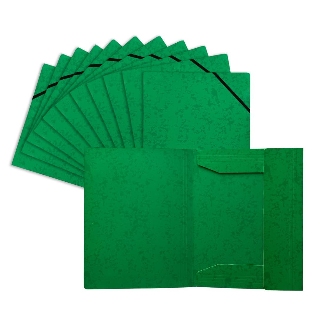 Pack of 12 A4 Green Card 3 Flap Folders with Elastic Closure