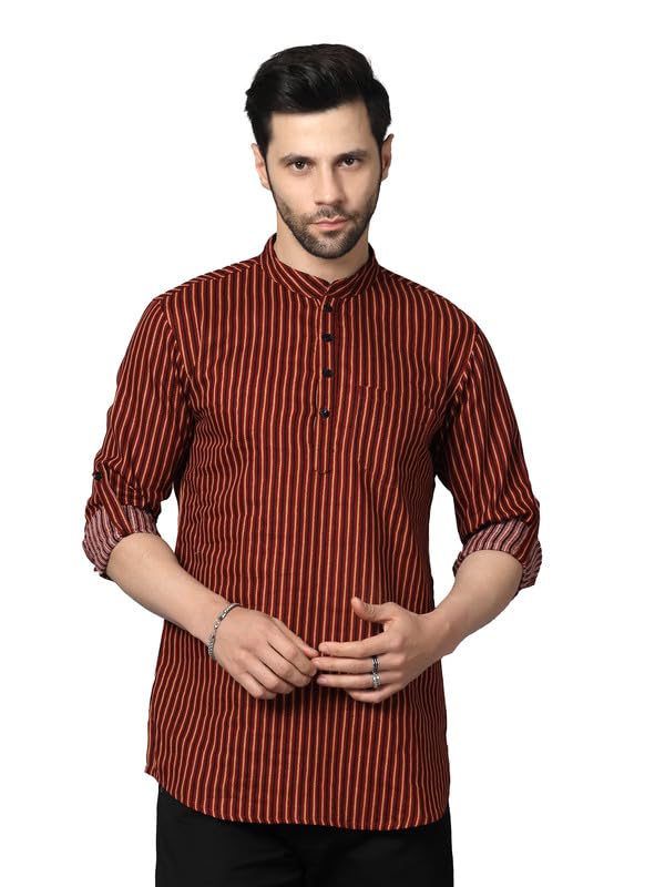 Image of Vastraa Fusion Men's Handloom Weaving Pure Cotton Short Kurta, Round Collar, Full Sleeves,Button Kurta, Ethnic Wear