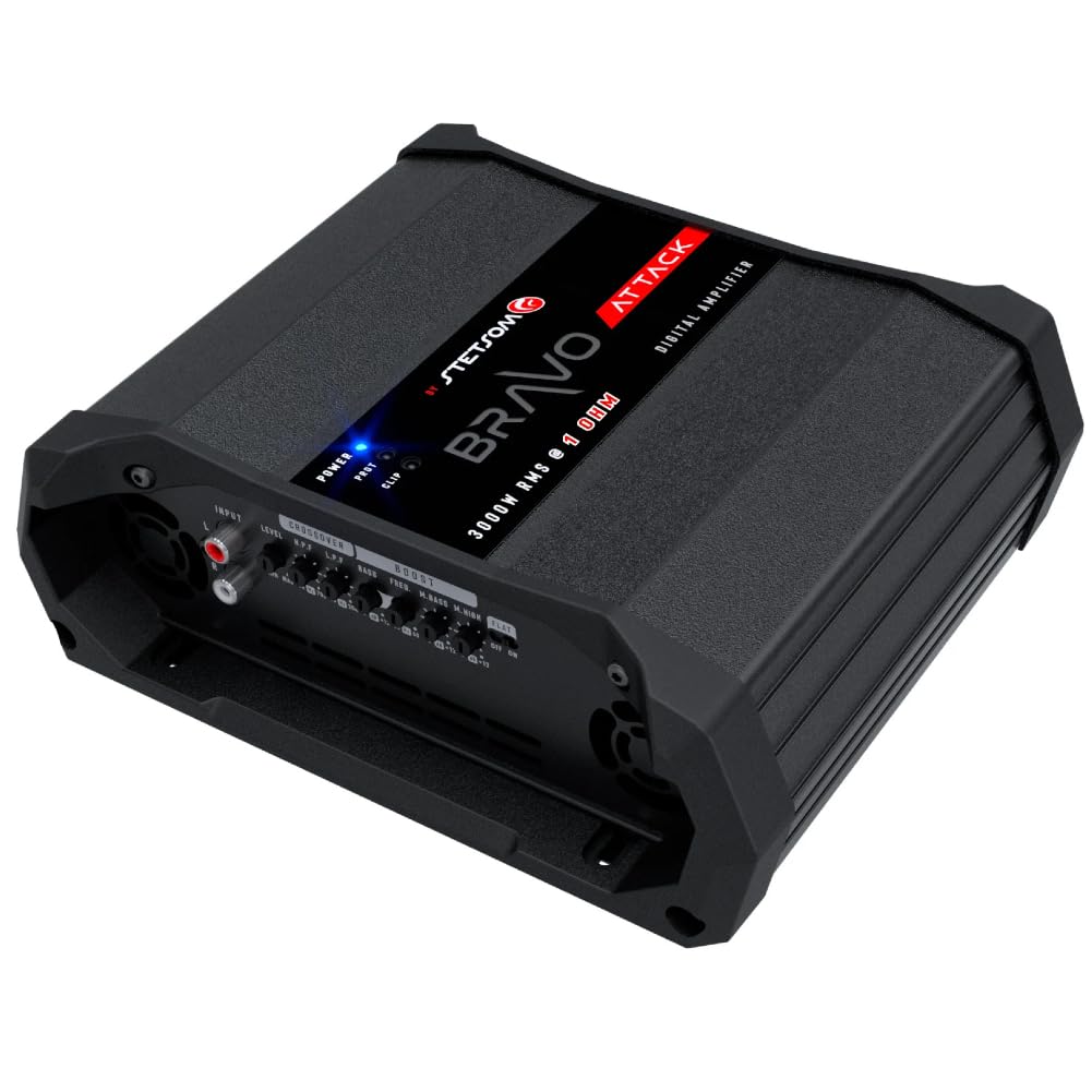 KIT SET PER STETSON BRAVO ATTACK 3000 amplificatore digitale, monofonico, 1 canale, full range, 3000 watt rms a 1 ohm, bass boost 0-12 dB, per auto, 1 pezzo