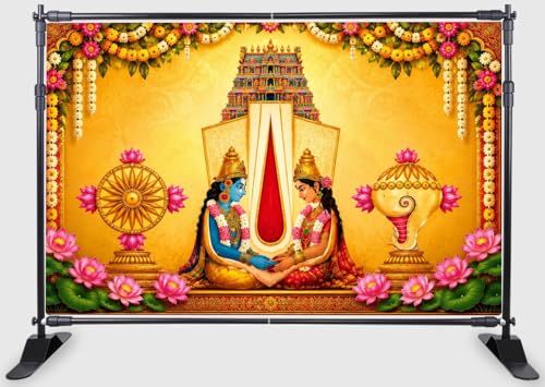 Backdropon Lord Venkateswara & Padmavathi Devi Fabric Backdrop with Tirupati Balaji Namam, Lotus Flowers & Temple Design for Wedding, Pooja & Festival Decoration Size 5 Ft Height and 8 Ft Width(5*8)