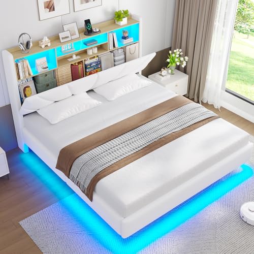 Brinlawb 4ft6 Floating Double Bed Frame with LED Lights & Charging Station (2 AC Sockets 1 USB-A 1 USB-C Port) Upholstered Headboard Openable Backrest Design with Hidden Storage Compartment White