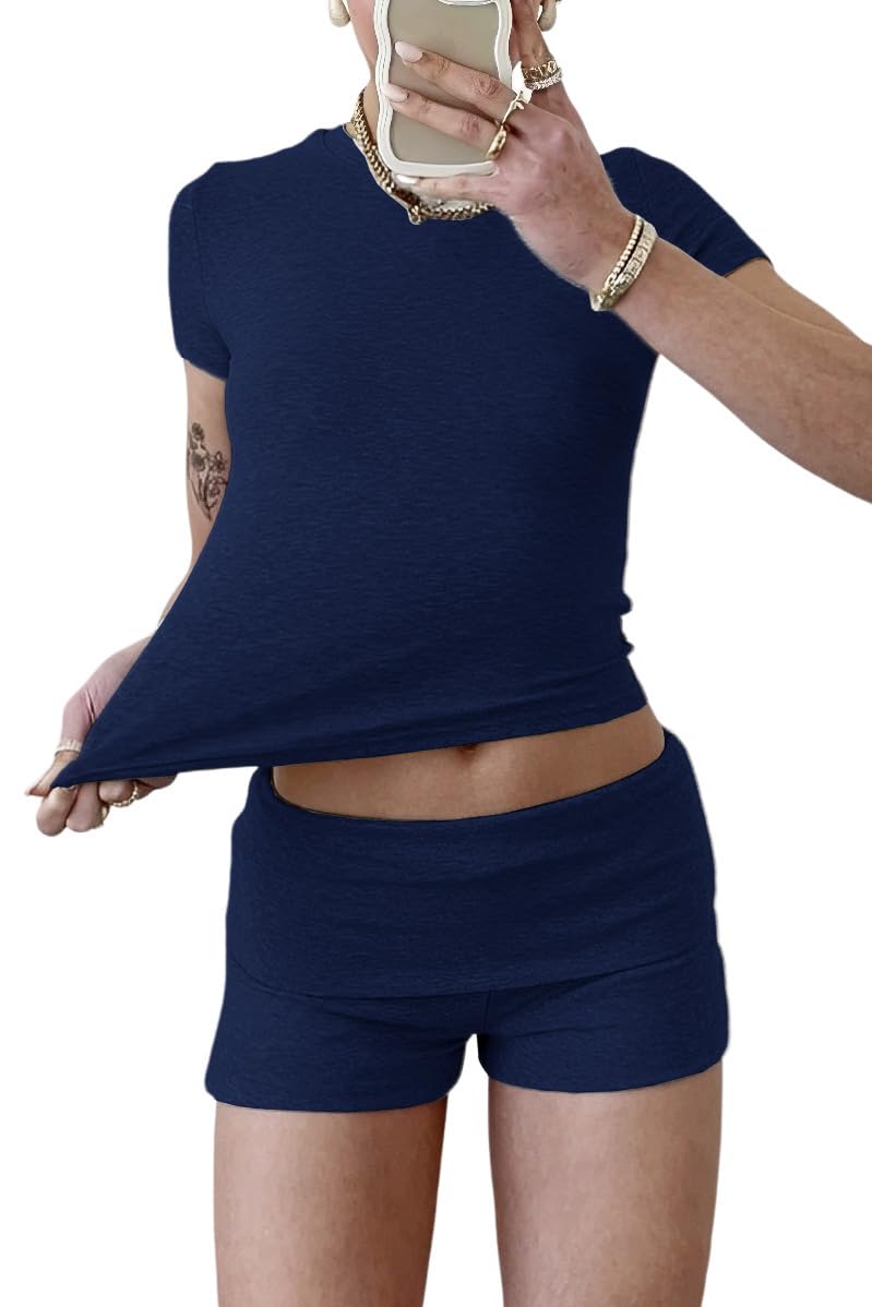 YETOWA Women's Casual Workout Two Piece Outfits Slim Short Sleeve Low Waist Foldover Shorts Tracksuit Sets Streetwear