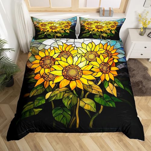 Sunflower Duvet Cover Set Toddler Size,Nature Garden Blooming Flowers Rustic Bedding Set,Artistic Stained Glass Style Patchwork Comforter Cover(No Filler) for Kids,2 Pcs