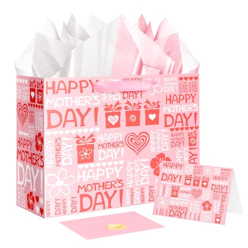 JWSCYSY Large Happy Mother's Day Gift Bag with Tissue Paper and Card, White Pink Gift Bag with Envelope and Sticker for Mother's Day Present Wrapping.