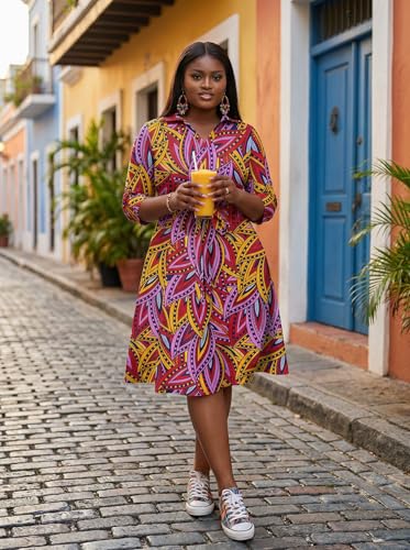 Image of FANDEE Plus Size Midi Dress for Women - Printing Summer Dresses for Wedding Guest Cocktail Party 3 /4 Sleeve V Neck(L-5XL)