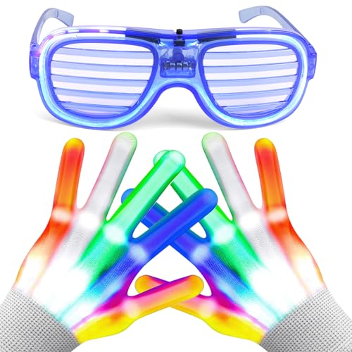 LNCOJOLM LED Light Up Glove & Glasses Christmas Birthday Festival Costumes Outfit Party Supplies Accessories Toy Gift for Kid Boy Girl Glowing Neon Glasses 3 Modes Flashing Finger Glove 6 Modes