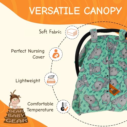 Image of Dear Baby Gear Car Seat Cover for Boys & Girls - Baby Carseat Canopy w /Snap Opening - Infant Seat Cover - Nursing Covers - Newborn Carrier Canopy - 40x30 (Gray Elephants on Mint Foliage - Gray)