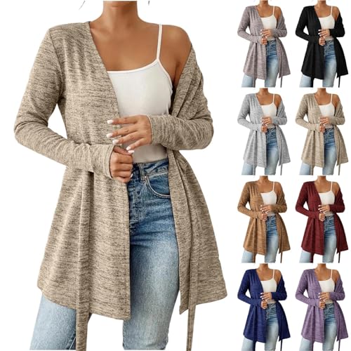 HGps8w Women's 2025 Belted Waist Mid Long Cardigans Lightweight Casual Soft Long Sleeve Open Front Outerwear2
