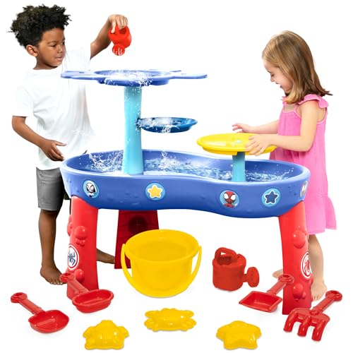 Image of Spidey and His Amazing Friends Water Table by Delta Children | 3-Tier Activity Water Play Table with 11-Piece Toy Set | Water Sensory Table + Beach Toys for Backyard for Toddlers Ages 2+, Blue