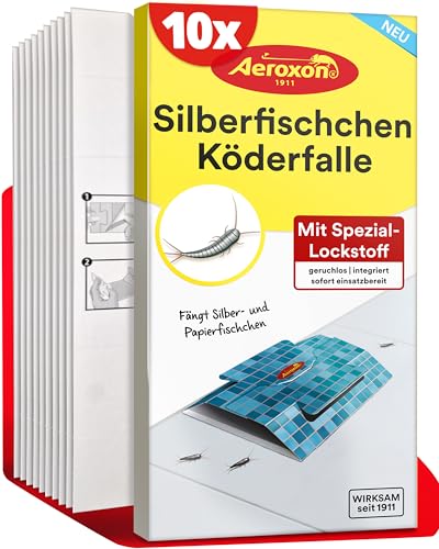 Aeroxon Silberfischfalle 10er Pack – Hochwirksame Klebefallen Silberfische, Insektizidfreie Papierfische Falle, Langanhaltender Schutz