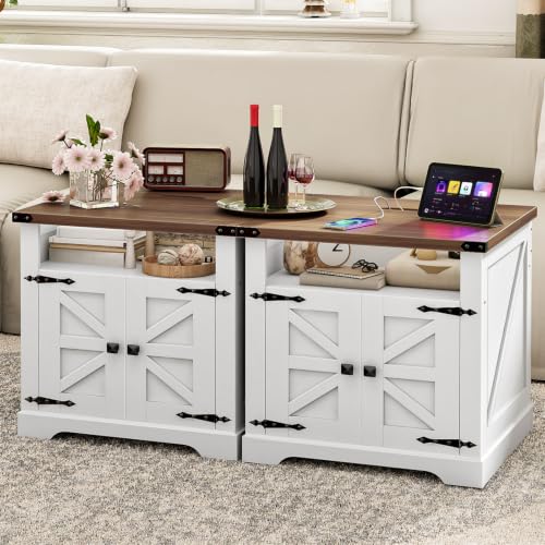 HOOBRO Farmhouse End Tables Set of 2 with Charging Station 23.6 Large End Table for Living Room Sofa Side Table with Barn Door Wooden Square Nightstand Bedside Table White and Walnut WH601UBZP201