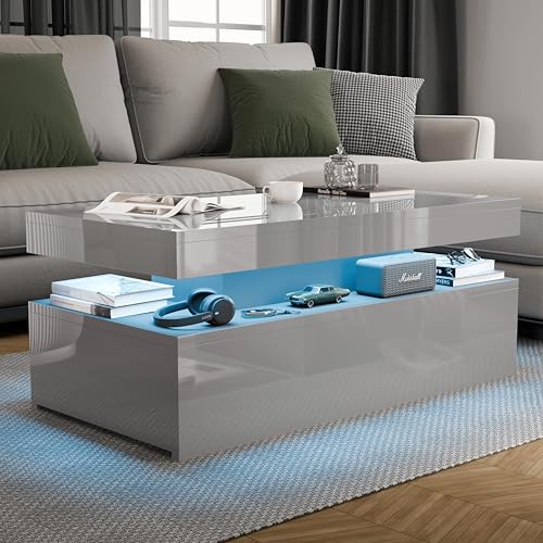 Blisswood High Gloss Coffee Table for Living Room Rectangle Centre Table with 2 Drawer Storage Modern Wooden Tea Table with LED RGB Lights for Home Office & Living Room Furniture - Grey