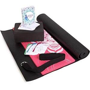 Yoga Basics Starter Kit – Complete Health & Fitness Set for Beginners – Non Slip Black Mat, 4″ Foam Block, Coral Knee Pad, 63-Card Deck, & D-Ring Strap – Strength, Balance, Flexibility & Stress Relief