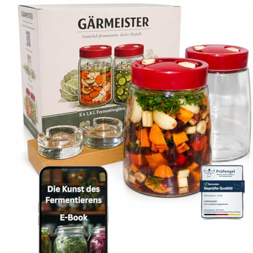 GREEN WISE GÄRMEISTER Fermentierglas Set 2er je 1 4L mit Gärventil & Deckel inkl. 2 Fermentiergewichte + 7-teiliger Videokurs Einmachgläser Fermentieren von Gemüse Sauerkraut & Kimchi