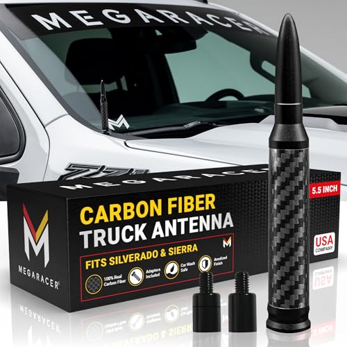 Anodized Black Carbon Fiber 50 Cal Bullet Antenna for Chevy Silverado & GMC Sierra 1500 2500 (1999-2026) Billet Aluminum UV & Chip-Resistant Car Wash Safe Short Truck Replacement Accessories