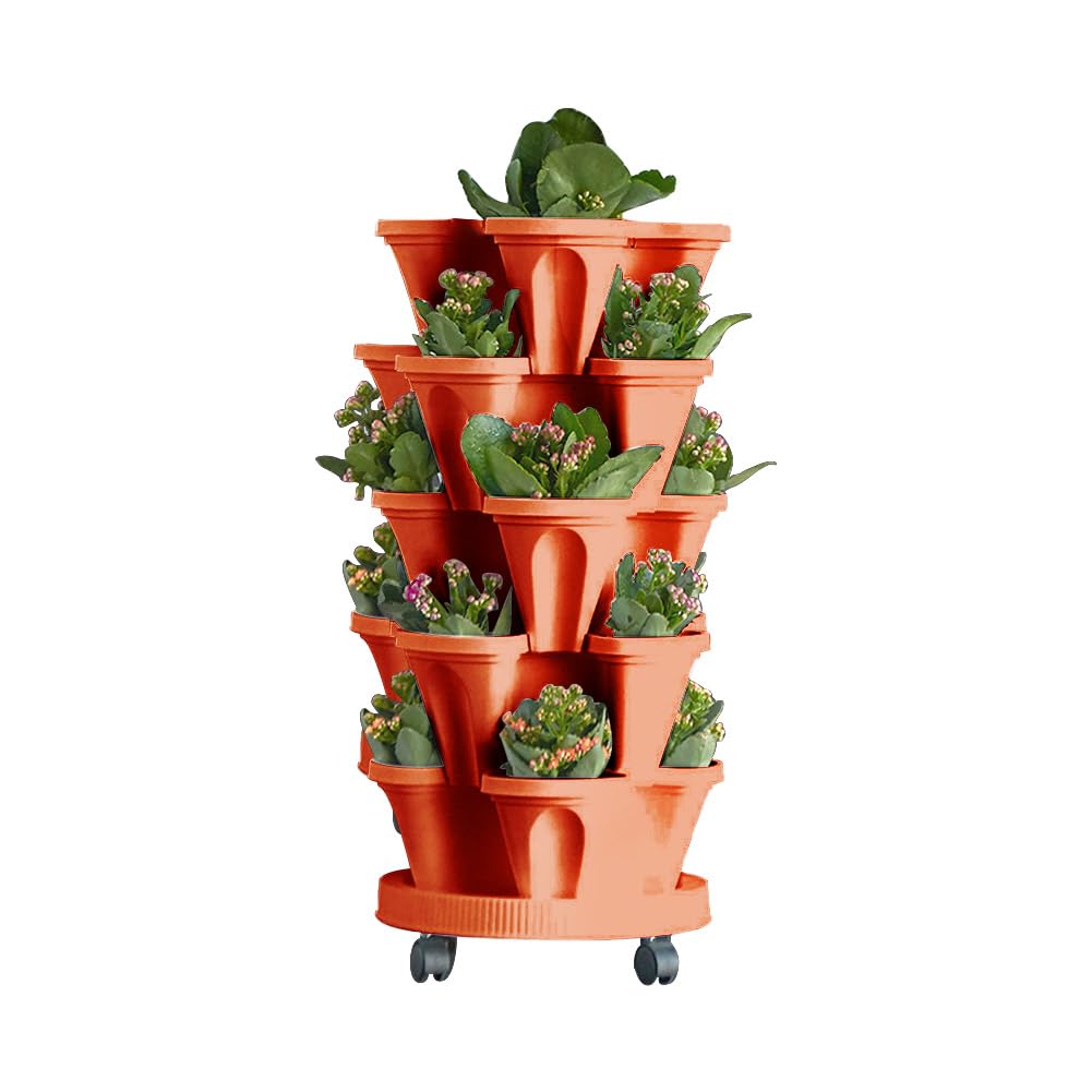 MTICYL Vertical Planter 5 Tiered,Stackable Planters for Strawberry Herb Flower and Vegetable Stacking Garden Tower Gardening Pots with Removable Wheels and Bottom Indoor Outdoor