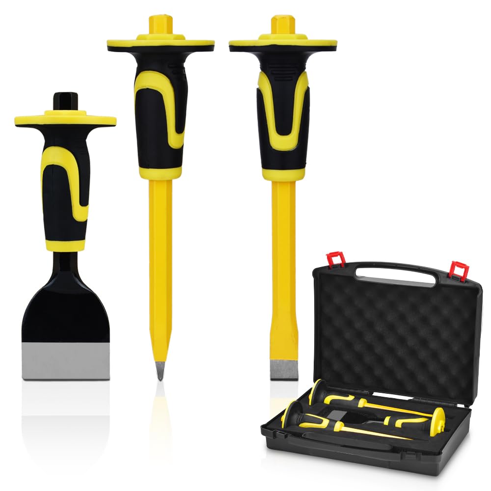 Set 3 Scalpelli Per Demolizione - Acciaio CRV, Per Cemento, Malta, Intaglio E Frantumazione Con Protezione Mani