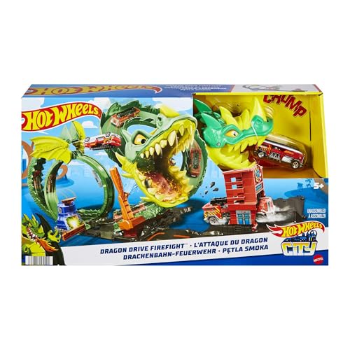 Hot Wheels City Drachenangriff Spielset, besiege den Drachen mit Stunts,...