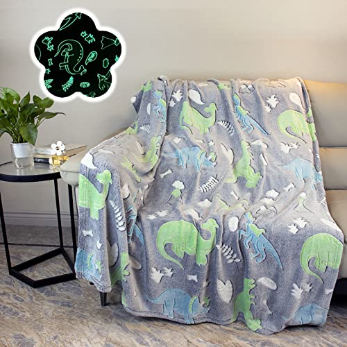 Couverture Plaid Polaire Phosphorescente 130 x 150 cm pour Enfants, Dinosaure Couverture Lumineuse en Molleton de Flanelle, Cadeaux Dinos pour garçons Filles Cover