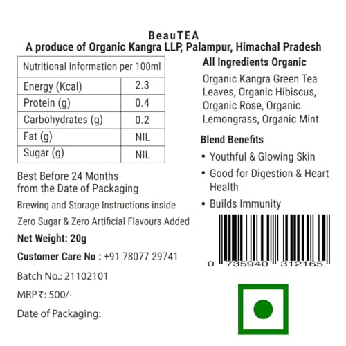 Image of Kangra Tea House BeauTEA (Combo of 2 20g Pack) Artisanal Whole Leaf Green Tea | GI Tagged & NPOP Organic Certified | Hibiscus & Rose for Skin Glow & Radiance | First Flush, 0 Bitterness | From Palampur, Himachal Pradesh