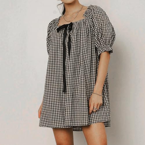 Image of Women Y2k Puff Sleeve Babydoll Dresses Square Neck Tie Back Mini Dress Summer Solid Off Shoulder Flowy Sundress