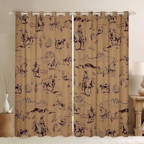 Kids Wild West Cowboy Curtains for Bedroom Living Room (2 Panels, 42 x 84 Inch) Western Decor Darkening Dreapes Boys Girls Teens Decor Rodeo Cowboy Style Blackout Curtains Brown Window Treatments
