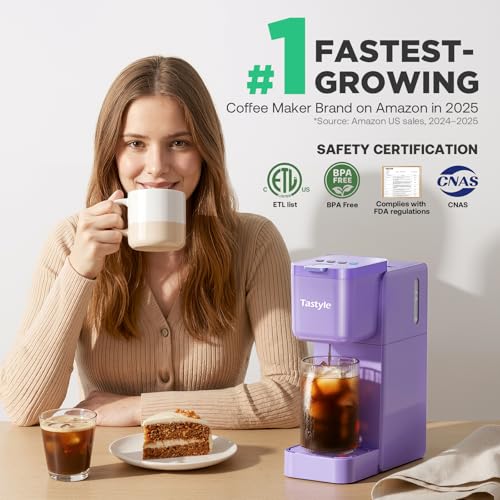 Image of Tastyle Single Serve Coffee Maker Hot and Iced with Bold Brew, Small Coffee Machine for K Cup and Ground, Fits 7.3'' Travel Mug, Brews up to 16 Oz, 5 Cup Sizes,for Office, RV& Hotel,Lavender